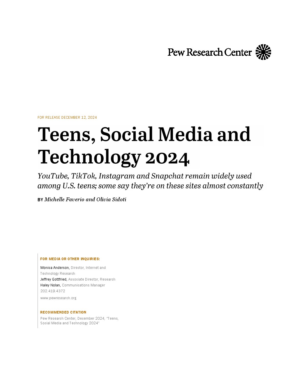 皮尤：2024年青少年、社交媒體和科技報(bào)告